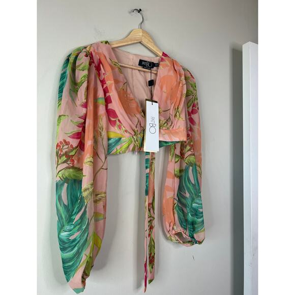 NWT Patbo Tropicalia Tie-Front  Cropped Puff Sleeve Lined Top Harbour Pink Sz: 0 - Picture 3 of 8